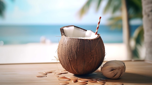 Cocktail in a coconut with straws and decor on the table the ocean and a palm tree Generative AI