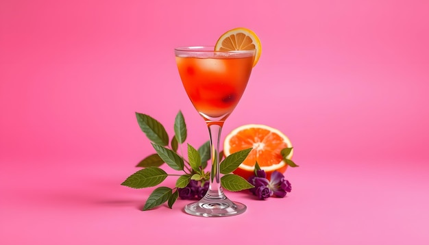 Cocktail drink on pink background isolated with white highlights