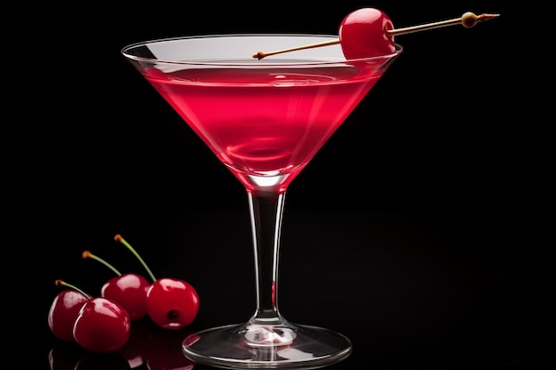 A cocktail glass filled with a red martini garnished with a cherry