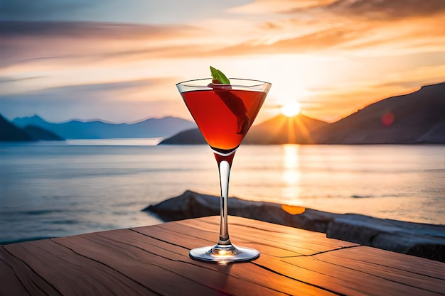 A cocktail glass with a sunset in the background