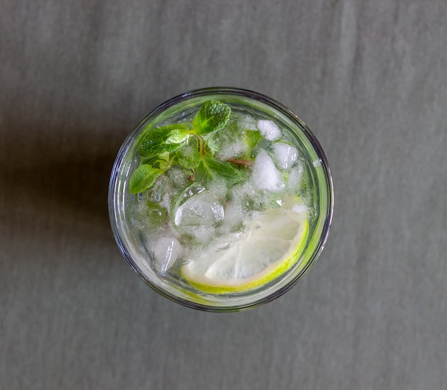 Cocktail mojito with lime, mint and ice. Recipe. Alcohol. Summer drink.