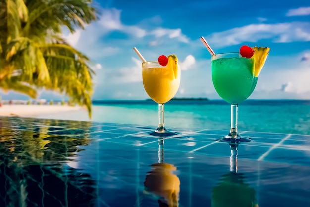 Cocktail near the swimming pool on the background of the Indian Ocean, Maldives.