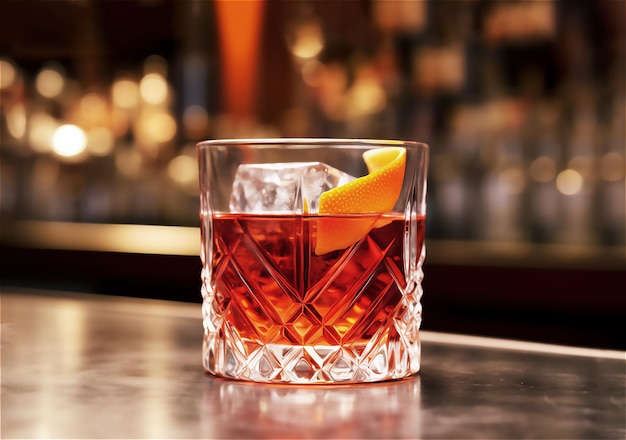 Cocktail Negroni with ice and orange peel in tall vintage retro crystal cut glass at the bar