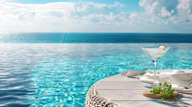 cocktail on the pool deck its crystalclear glass shimmering in the sunlight against a backdrop of tranquil blue waters evoking a sense of luxury and relaxation