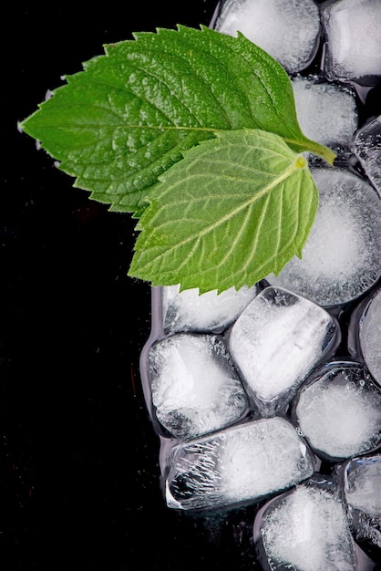 Cocktail preparation Ice cube with mint leaves on black background