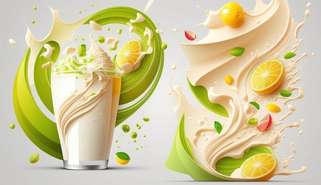 Cocktail realistic milkshake 3d lime lemon fruit with falling slices and splashing milk Yogurt milky packaging design elements Juicy advertising citrus Generate Ai