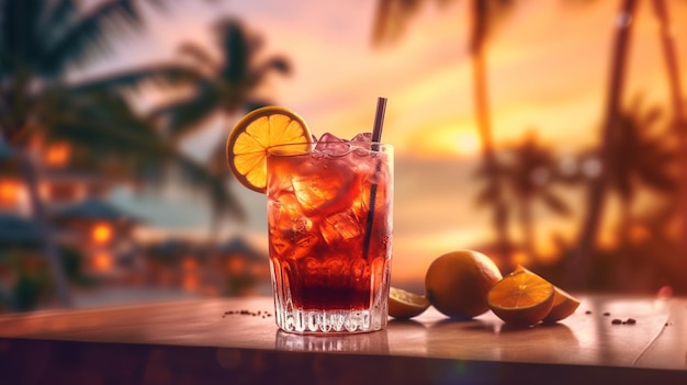 A cocktail on a table with a palm tree in the background