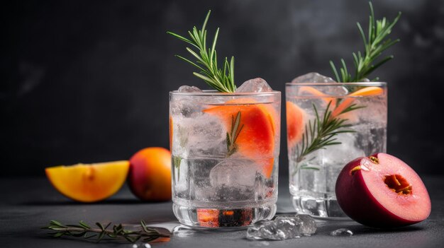 Cocktail of vodka and sprite with ripe fruits and rosemary Illustration AI GenerativexA