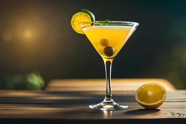 a cocktail with a black ball and a lime wedge on the side