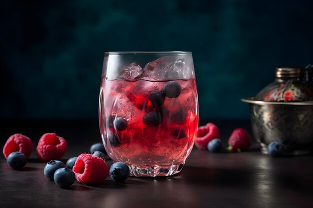 Cocktail with blueberries and raspberries in a glass on a wooden table Generative AI