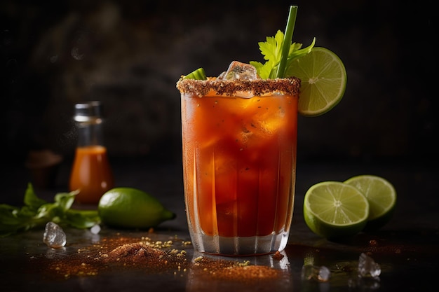 A cocktail with a chili lime on the rim sits on a table with a salt shaker and a bottle of lime