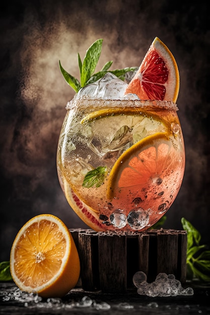 A cocktail with a citrus garnish and a slice of orange on the rim