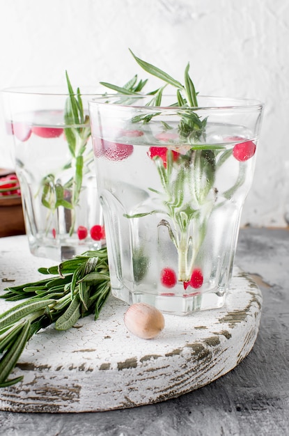 Cocktail with cranberry, rosemary and ice