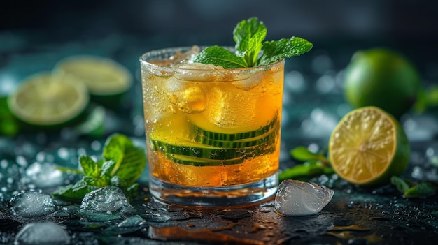 Cocktail with cucumber ice on bar counter in a restaurant pub Fresh tonic drink with lime juice mint