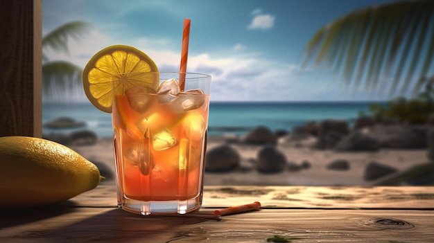 Cocktail with ice and lemon on sandy beach against blue skygenerative ai