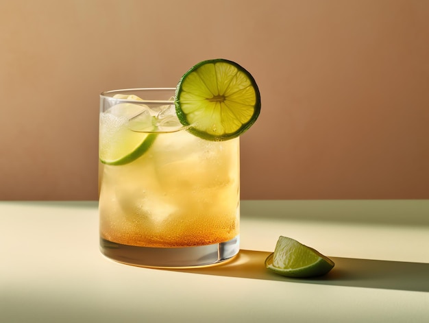 Cocktail with lime and ice on a yellowbrown background