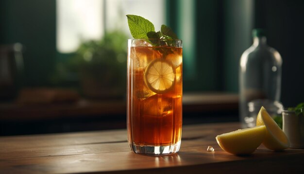 cocktail with lime and mint glass of water with lime mojito cocktail on a table