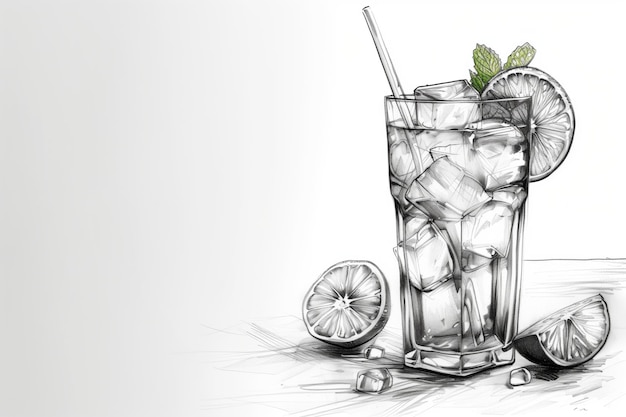 Cocktail with lime mint and ice on a white background sketch illustration