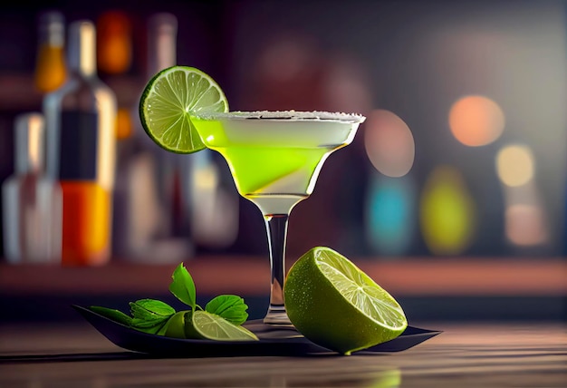 A cocktail with limes on a bar