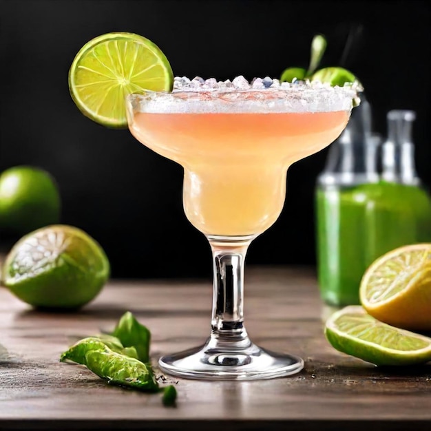 a cocktail with limes and limes on a table