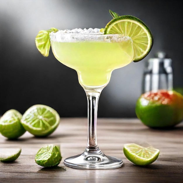 a cocktail with limes and limes on a table