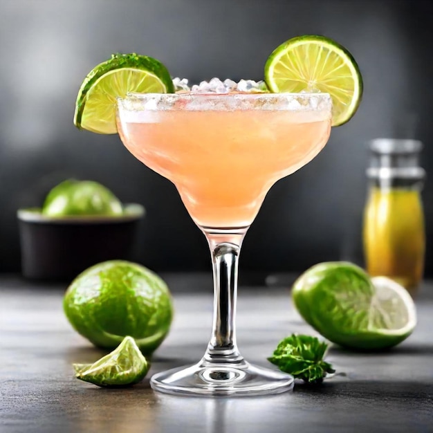 a cocktail with limes and limes on a table