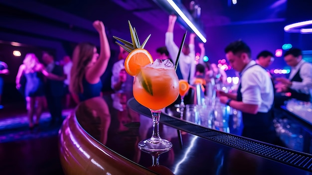 Cocktail with orange and ice on a bar counter in a nightclub