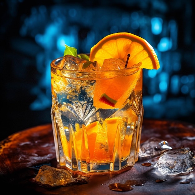 Cocktail with orange and ice on a dark background