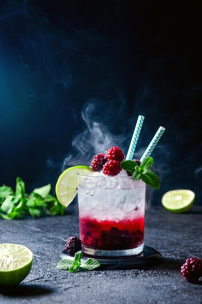 Cocktail with Rum or Vodka Soda Raspberry and Blackberry Puree Lime and Mint in the Glass with Smoke on the Dark Grey Background