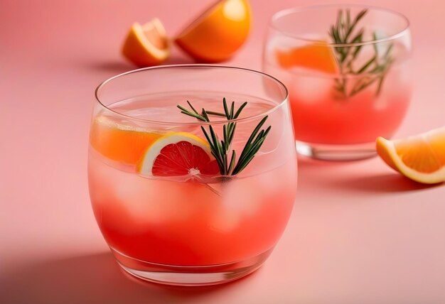 Photo a cocktail with a slice of grapefruit and sprig of rosemary on a pink background