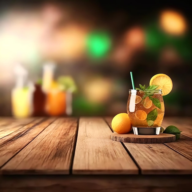 Cocktail on a wooden table with blur background