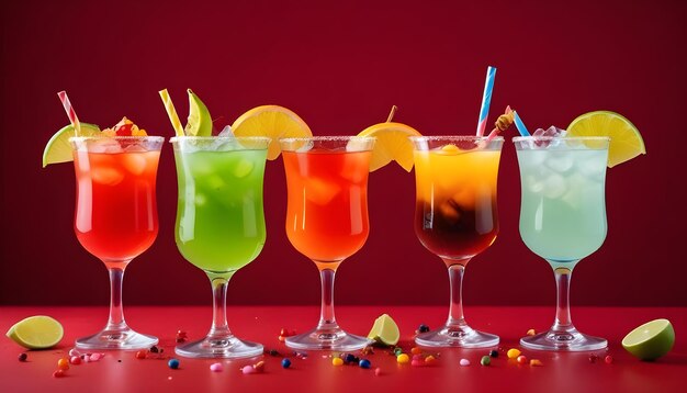 Photo cocktails arranged in perfect manner on a solid bold color background