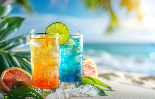 cocktails on the beach with tropical fruits and ice