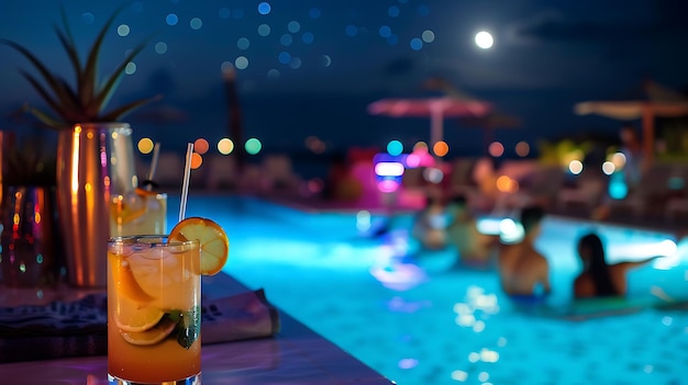 Photo cocktails beachside swimming pool bar perfect travel vacation enjoying moonlit pool party exotic