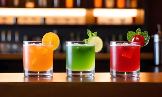 Cocktails in glasses with garnishes on a bar counter