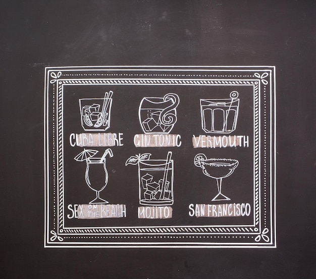 Cocktails icons doodle drawn on chalkboard