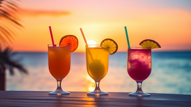 Cocktails on a table at sunset with a sunset in the background