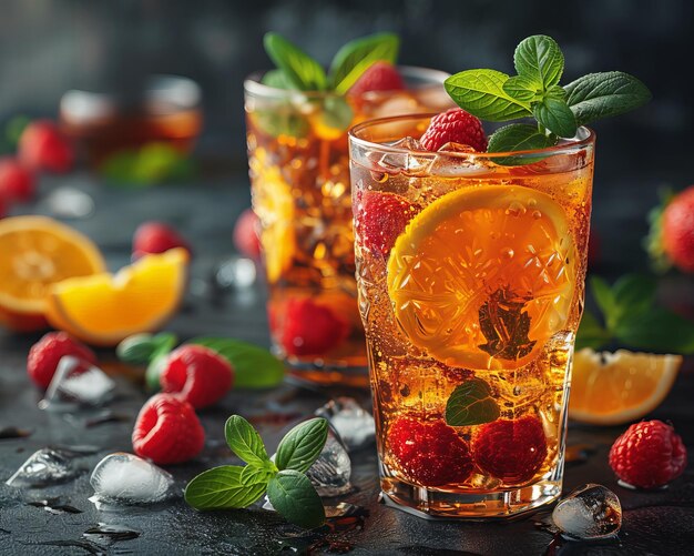 Cocktails with ice lemon and fruit served in glasses and glasses dark background