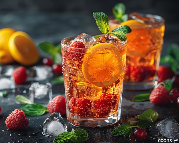 Cocktails with ice lemon orange and fruit served in glasses and glasses dark background