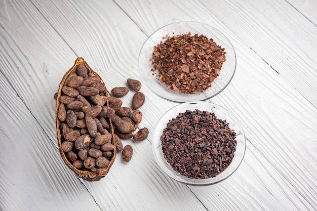 cocoa beans as background. Cocoa products