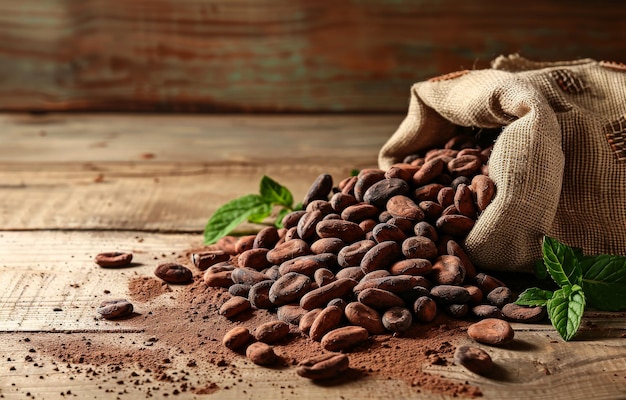 Cocoa beans in burlap bag on wooden table