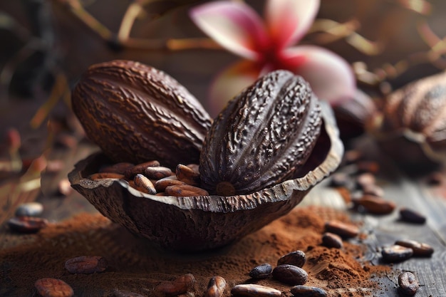 Photo cocoa beans and pods resting in a cocoa pod on table