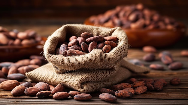 Cocoa cacao beans in sackcloth bag on a wooden table Generative Ai