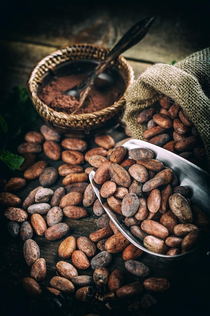 Cocoa cacao beans on vintage wooden table