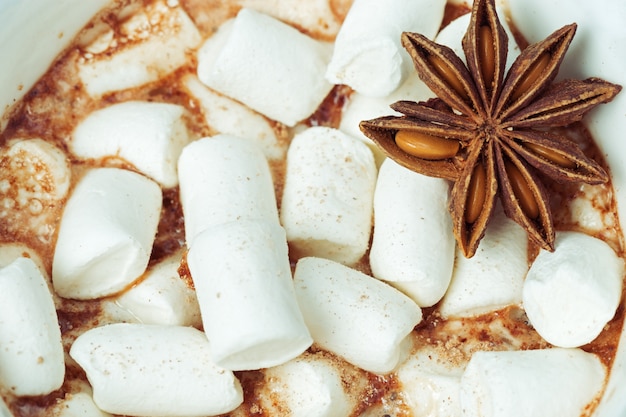 Cocoa or chocolate milk with marshmallow candies and anise close up.