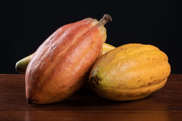 Cocoa fruit isolated on the table with black.