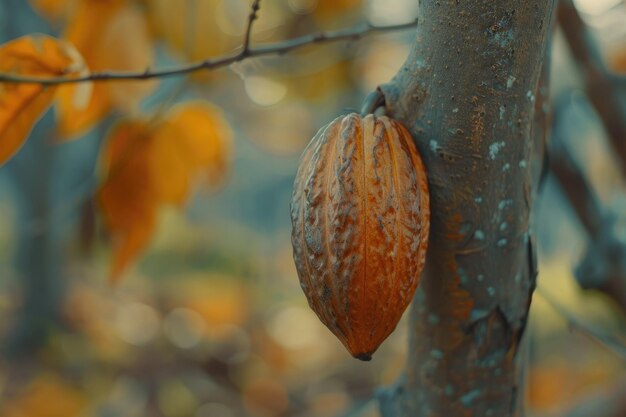 Photo cocoa fruit theobroma cacao on tree cacao chocolate nut tree cocoa beans are processed in chocolate