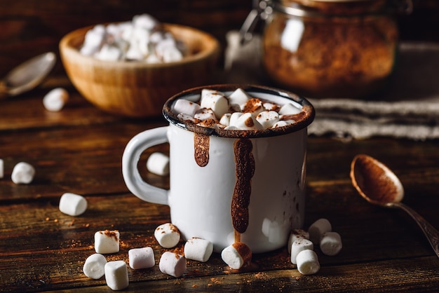 Cocoa Mug with Marshmallows. Jar of Cocoa Powder and Marshmallow Bowl on Backdrop.