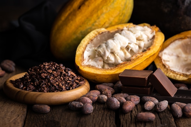 Cocoa pods, beans and powder on wooden table, top view