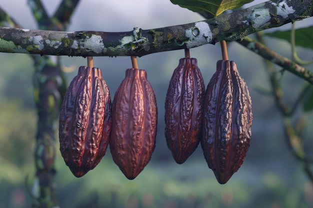 Photo cocoa pods hanging from a branch